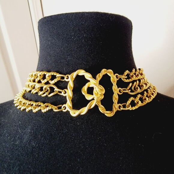 Vintage Triple gold Chunky chain link large Clasp closure Choker Necklace - Picture 3 of 8